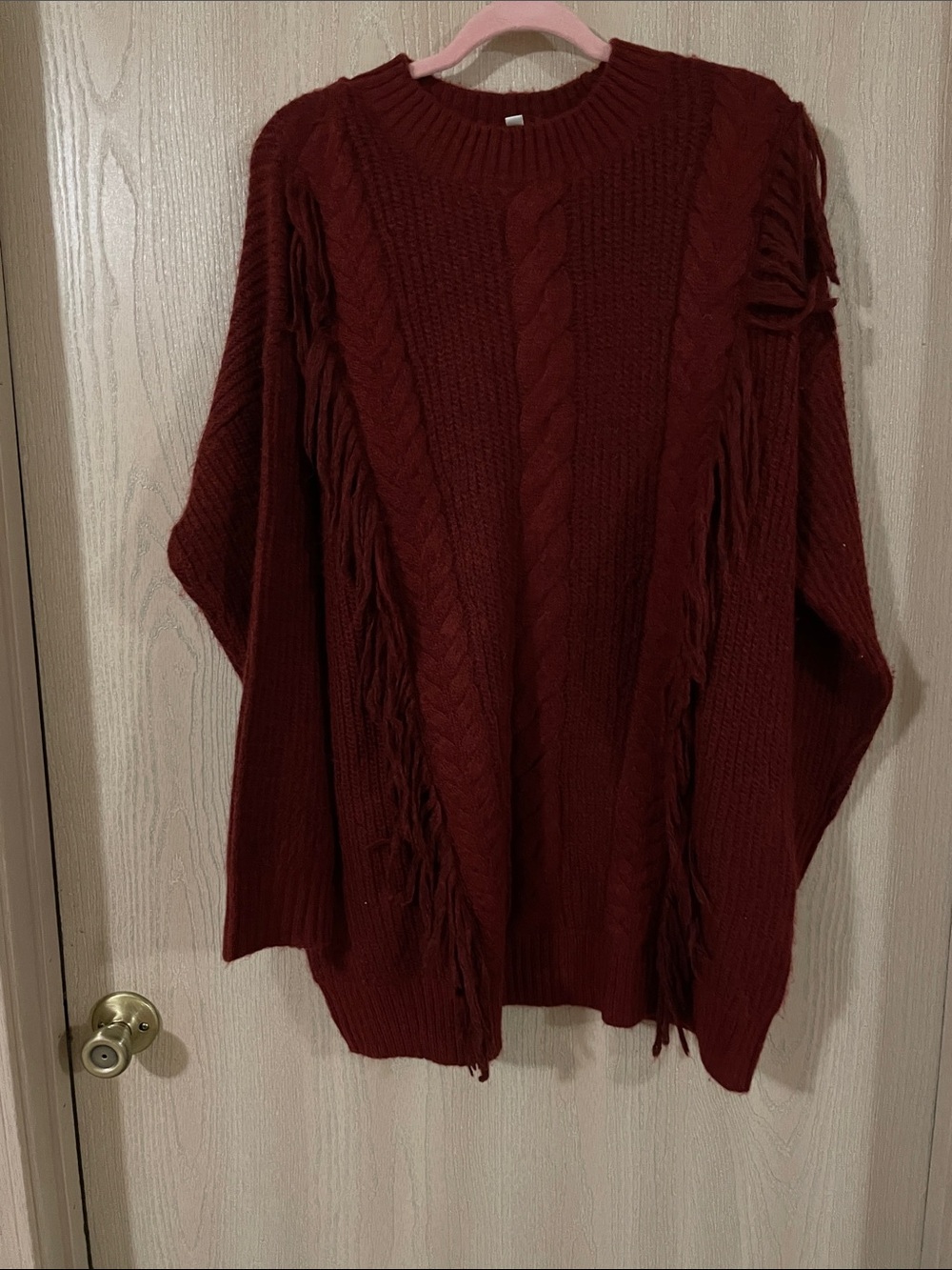 Wonderly Burgundy Cable Fringe Crewneck Sweater